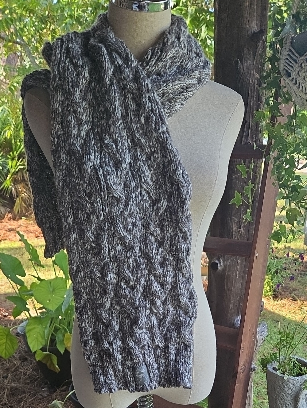 Lady Of Aran Gray And Cream Knit Winter Scarf Made In Ireland